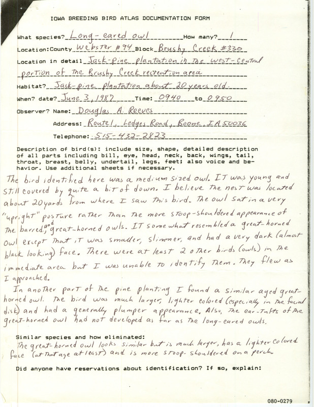 Rare bird documentation form for a Long-eared Owl at Brushy Creek Recreation Area in Webster County, IA on June 3, 1987.