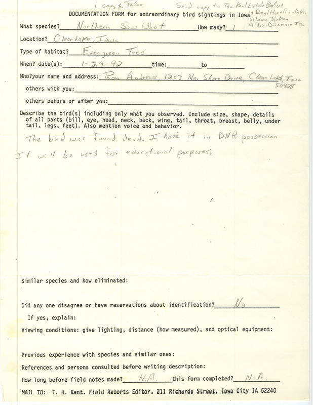 Rare bird documentation form for a Northern Saw-whet Owl at Clear Lake in Cerro Gordo County, IA on January 29, 1992.