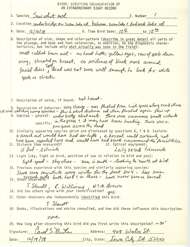 Rare bird documentation form for a Saw-whet Owl near Swan Lake in Johnson County, IA on December 16, 1978.