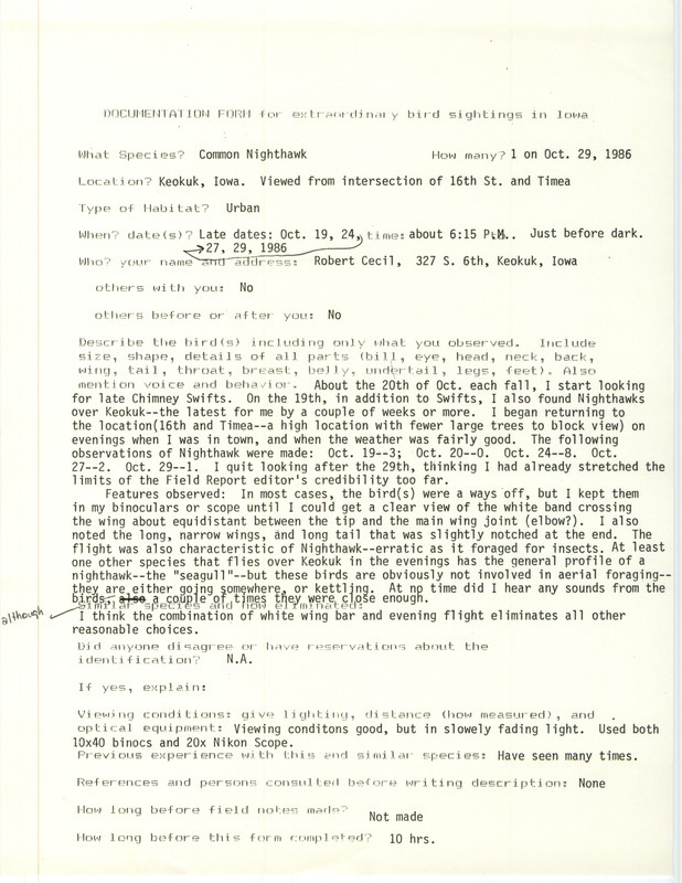 Rare bird documentation form for a Common Nighthawk at Keokuk in Keokuk County, IA on October 19, 24, 27, and 29, 1986.