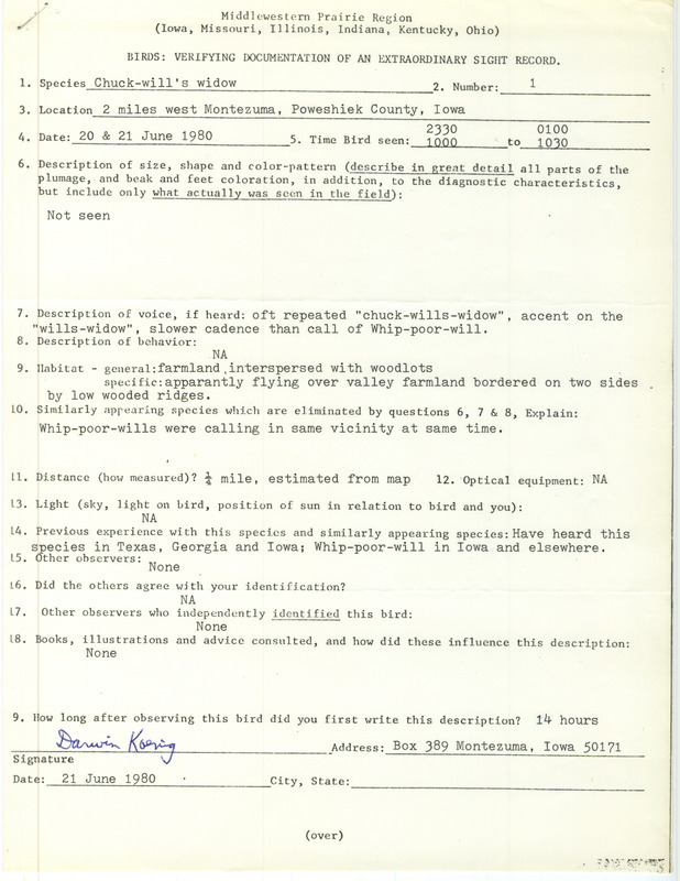 Rare bird documentation form for a Chuck-will's-widow west of Montezuma in Poweshiek County, IA on June 20 and 21, 1980.