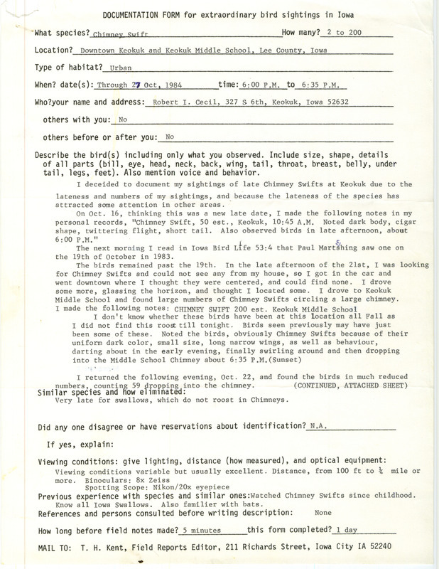 Rare bird documentation form for two to two hundred Chimney Swifts at downtown Keokuk and Keokuk Middle School in Lee County, IA from October 12 to October 27, 1984.