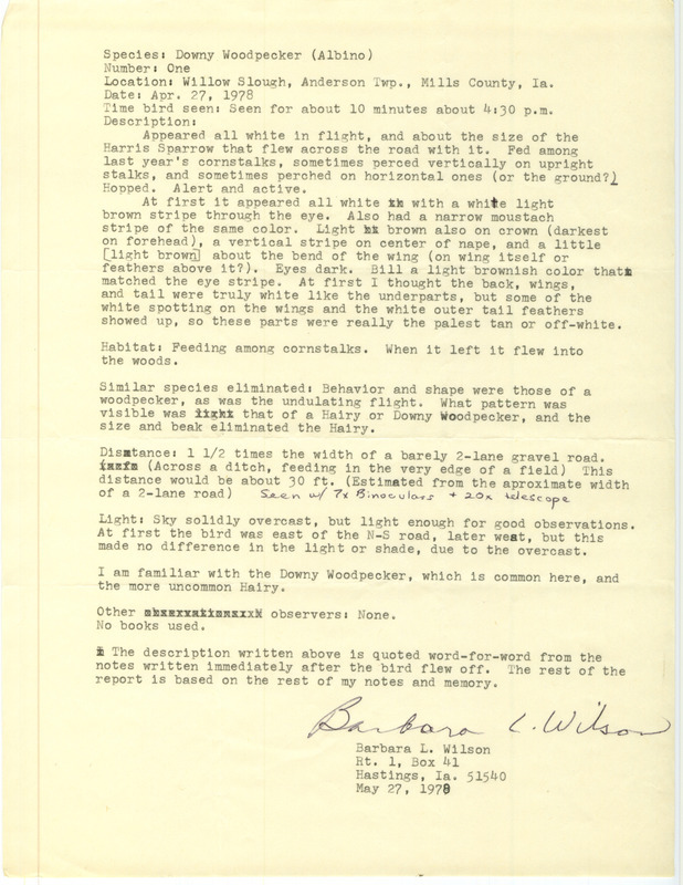 Rare bird documentation form for a Downy Woodpecker at Willow Slough in Mills County, IA on April 27, 1978.