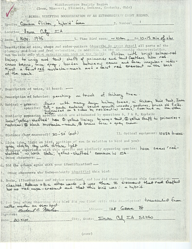 Rare bird documentation form for a Common Flicker hybrid at Iowa CIty in Johnson County, IA on November 1, 1975.