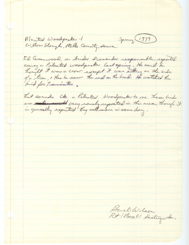 Field notes submitted as a fide report by Barb Wilson to the Iowa Ornithologists' Union for Spring 1979. It discusses a Pileated Woodpecker sighting by Ed Greenwood at Willow Slough in Mills County, IA.