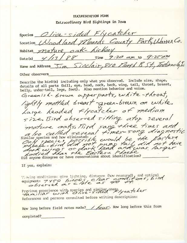 Rare bird documentation form for a Olive-sided Flycatcher at Woodland Mounds County Park in Warren County, IA on April 13, 1988.