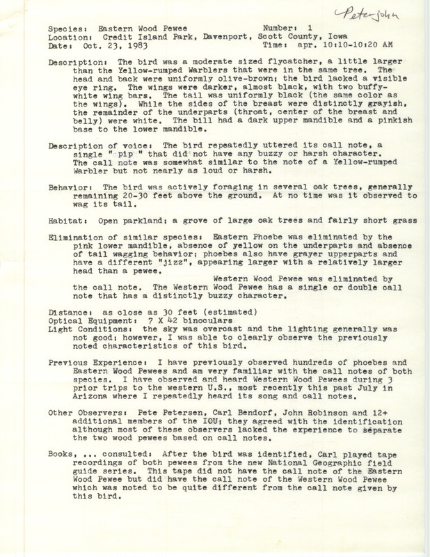 Rare bird documentation form for a Eastern Wood-Pewee at Credit Island Park in Scott County, IA on October 23, 1983.