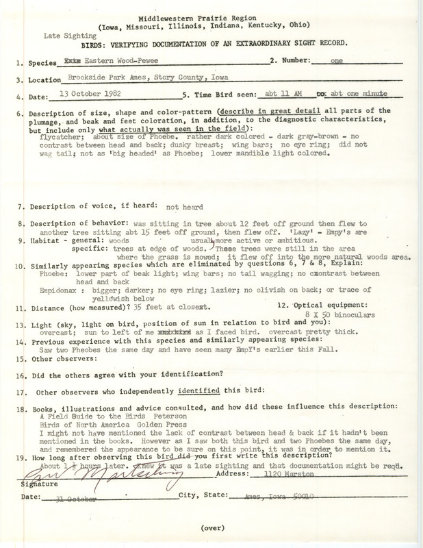 Rare bird documentation form for a Eastern Wood-Pewee at Brookside Park in Ames in Story County, IA on October 13, 1982.