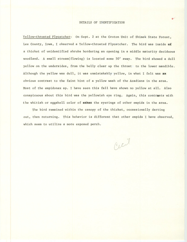 Rare bird documentation form for a Yellow-throated (i.e. Yellow-bellied) Flycatcher at Croton Unit of Shimek State Forest in Lee County, IA on September 2, 1985.