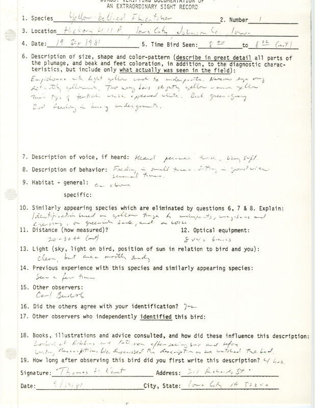 Rare bird documentation form for a Yellow-bellied Flycatcher at Hickory Hill Park in Johnson County, IA on September 19, 1981.