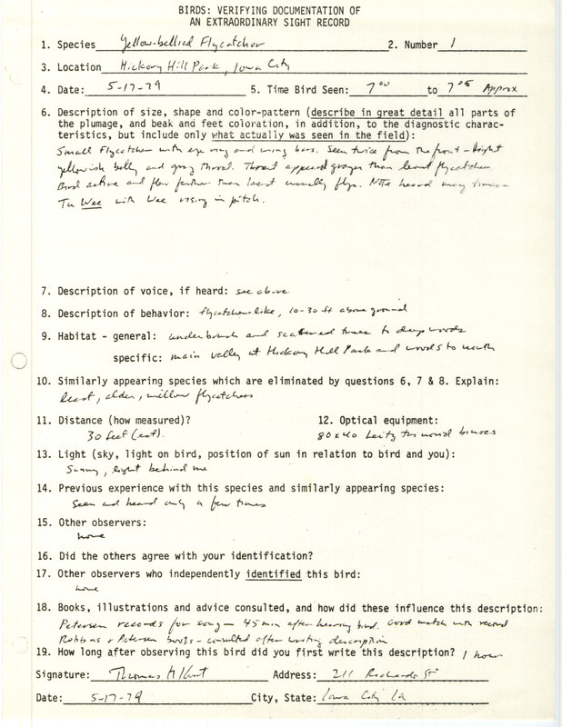 Rare bird documentation form for a Yellow-bellied Flycatcher at Hickory Hill Park at Iowa City in Johnson County, IA on May 17, 1979.