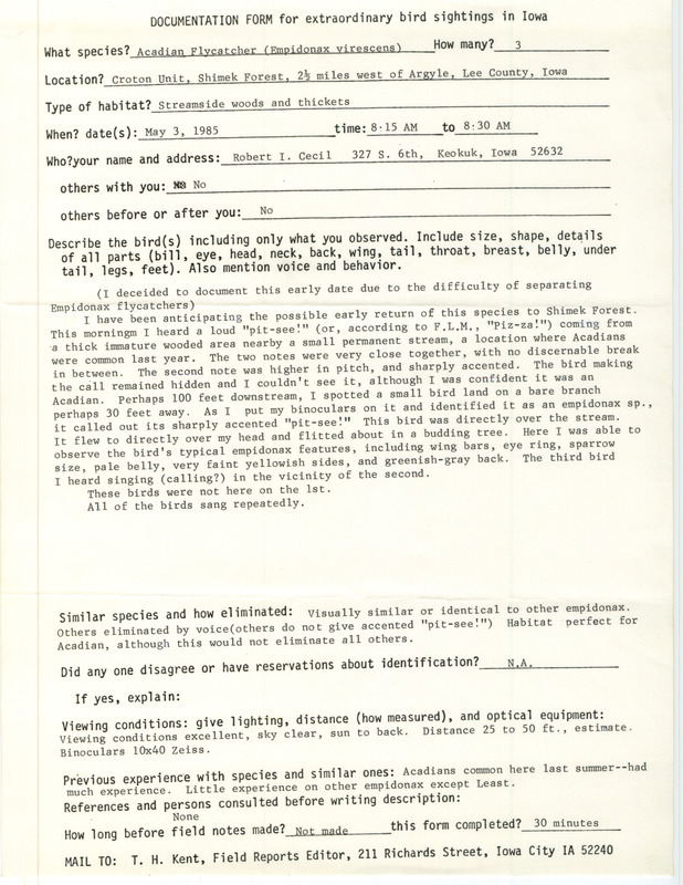 Rare bird documentation form for three Acadian Flycatchers at Croton Unit in Shimek State Forest in Lee County, IA on May 3, 1985.