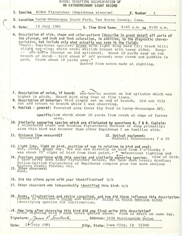 Rare bird documentation form for a Alder Flycatcher at Elys Ford at Lacey-Keosauqua State Park in Van Buren County, IA on July 12, 1981.