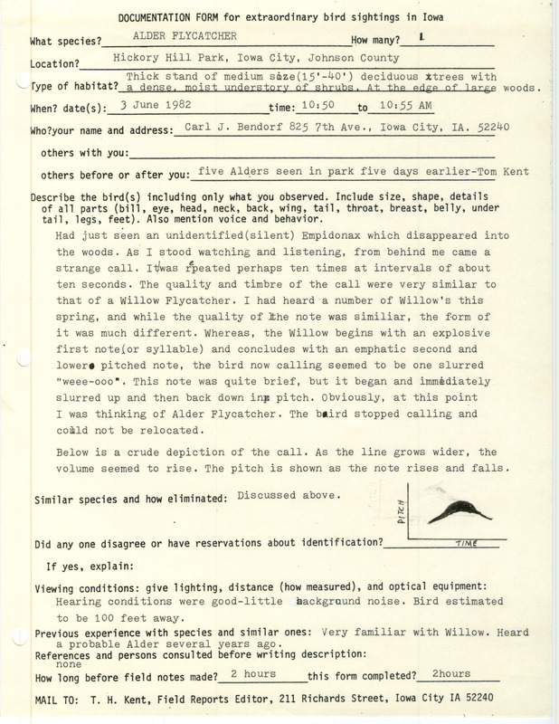 Rare bird documentation form for an Alder Flycatcher at Hickory Hill Park in Iowa City in Johnson County, IA on June 3, 1982.