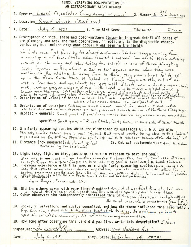 Rare bird documentation form for five Least Flycatchers at Sweet March in Bremer County, IA on July 5, 1981.