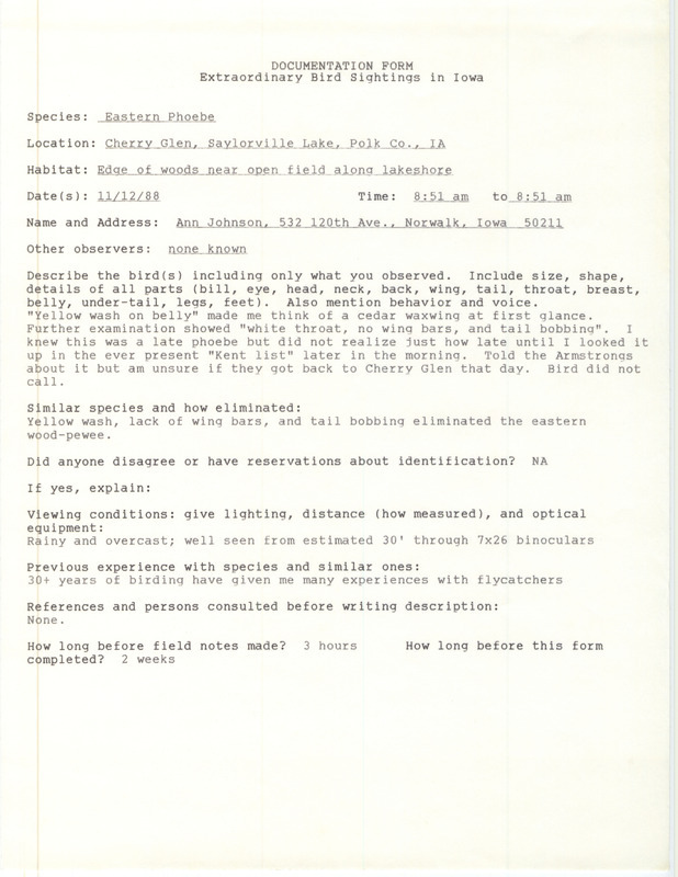 Rare bird documentation form for an Eastern Phoebe at Cherry Glen Recreation Area at Saylorville Lake in Polk County, IA on November 12, 1988.