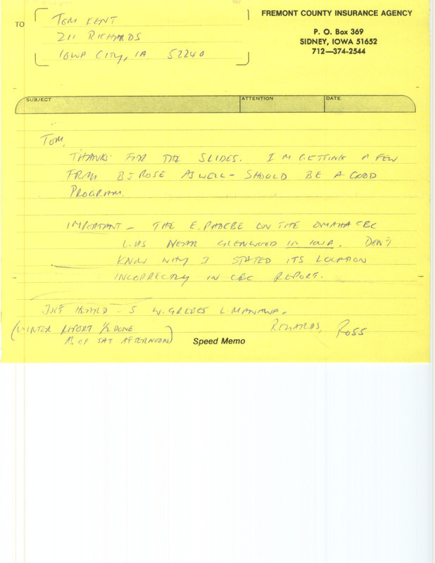 Memo from Ross Silcock to Thomas Kent. Silcock thanks Kent for slides for an upcoming presentation, updates Kent about the correct location of an Eastern Phoebe sighting and progress on the Winter 1986-1987 winter report, and mentions the sighting of five Western Grebes.