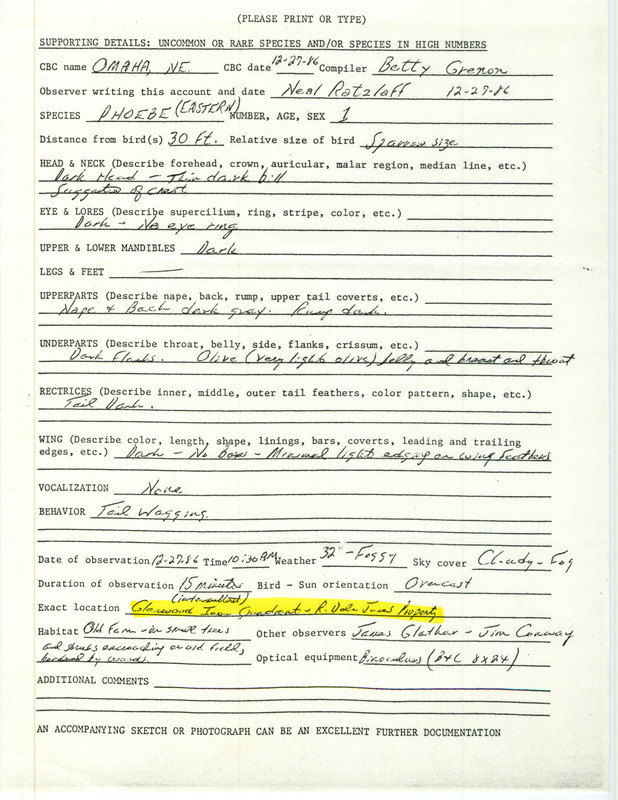 Rare bird documentation form for an Eastern Phoebe at Glenwood in Mills County, IA on December 27, 1986. The documentation form was completed by Neal Ratzlaff. Other observers include James Glathar, and Jim Conway.