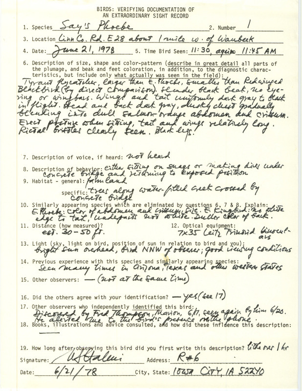 Rare bird documentation form for a Say's Phoebe west of Waubeek in Linn County, IA on June 21, 1978.