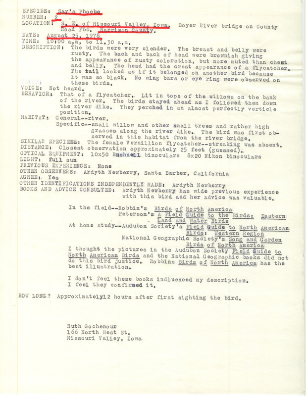 Rare bird documentation form for two Say's Phoebes southeast of Missouri Valley in Harrison County, IA on August 25, 1978.