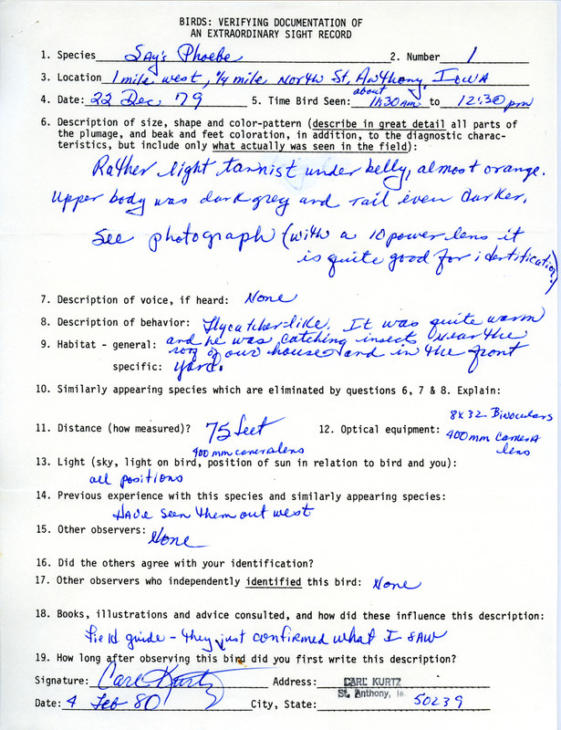 Rare bird documentation form for a Say's Phoebe west and north of St. Anthony in Marshall County, IA on December 22, 1979.