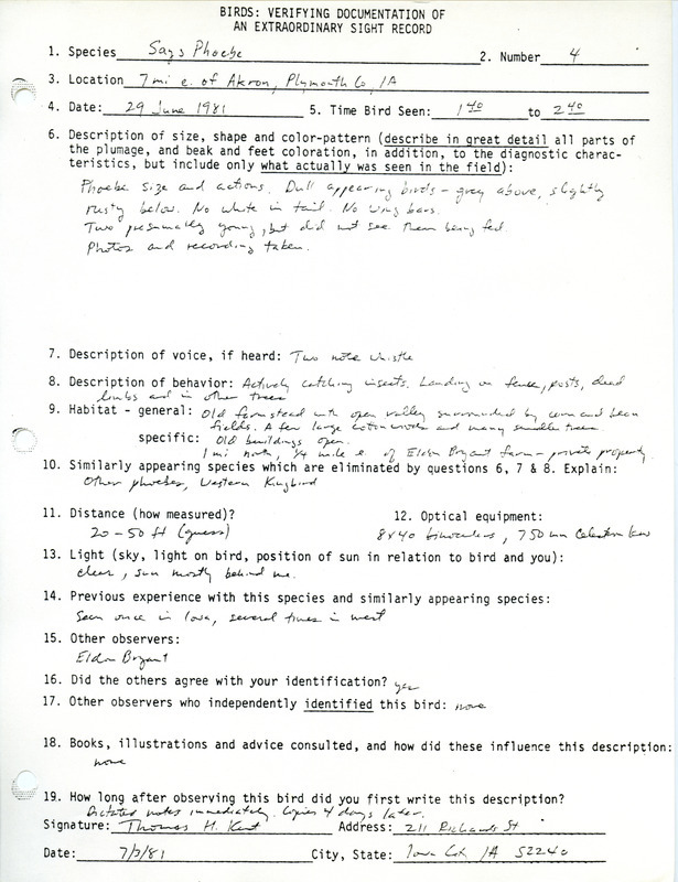 Rare bird documentation form for four Say's Phoebes near Ruble in Plymouth County, IA on June 29, 1981.