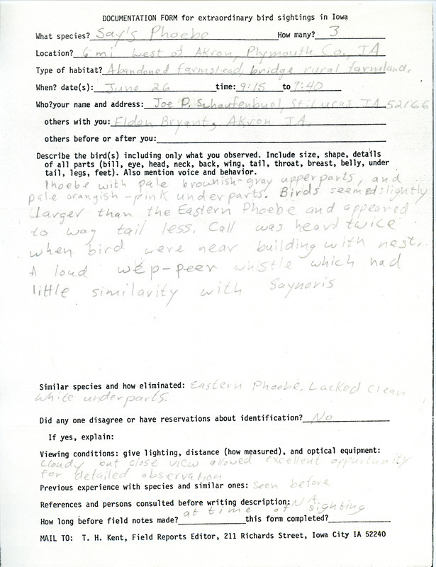 Rare bird documentation form for three Say's Phoebes west of Akron in Plymouth County, IA on June 26, 1982.