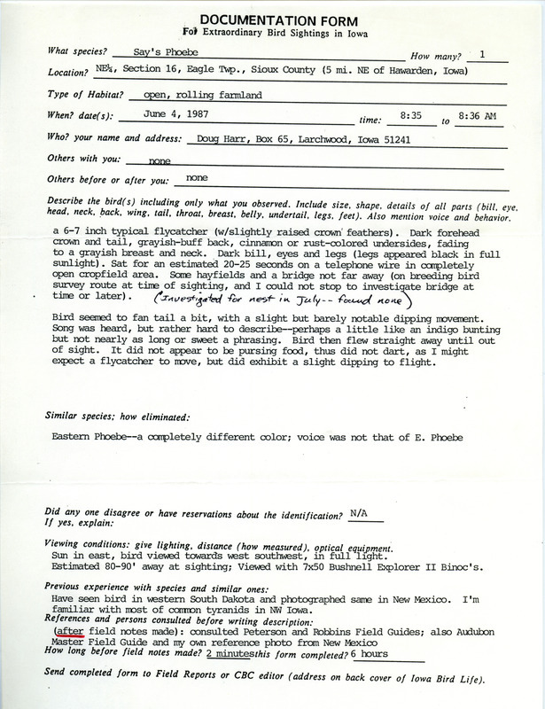 Rare bird documentation form for a Say's Phoebe at Eagle Township in Sioux County, IA on June 4, 1987.