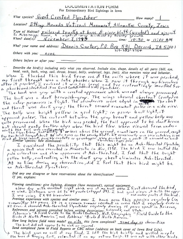 Rare bird documentation form for a Great Crested Flycatcher at Effigy Mounds National Monument in Allamakee County on November 8, 1993.