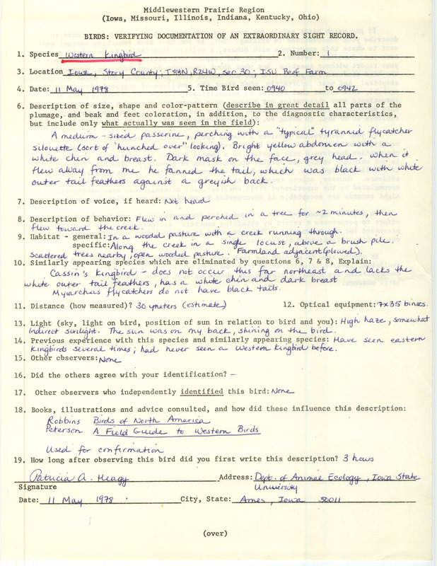 Rare bird documentation form for a Western Kingbird near Ames in Story County, IA on May 11, 1978.