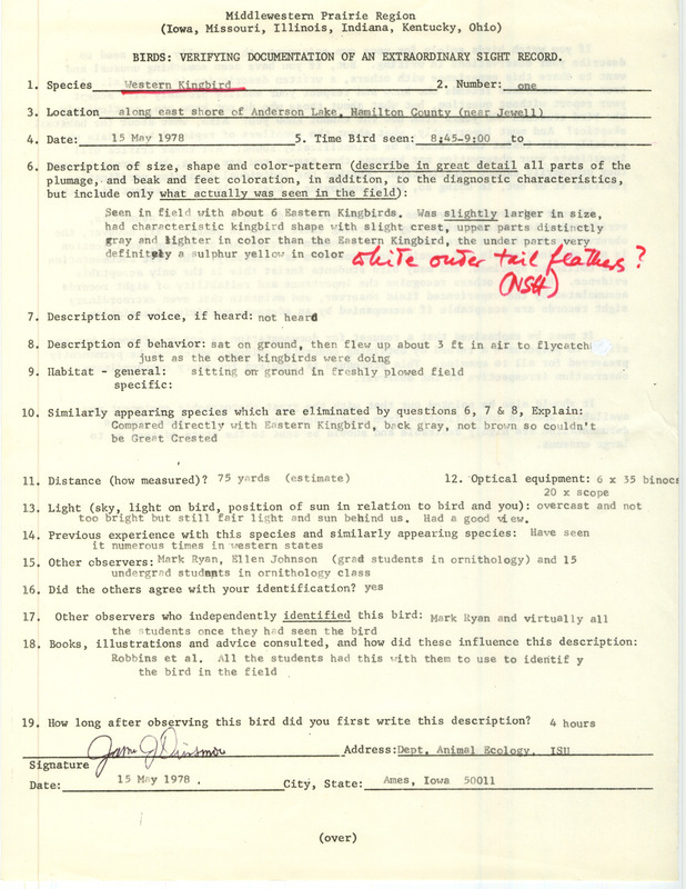 Rare bird documentation form for a Western Kingbird at Anderson Goose Lake in Hamilton County, IA on May 15, 1978.