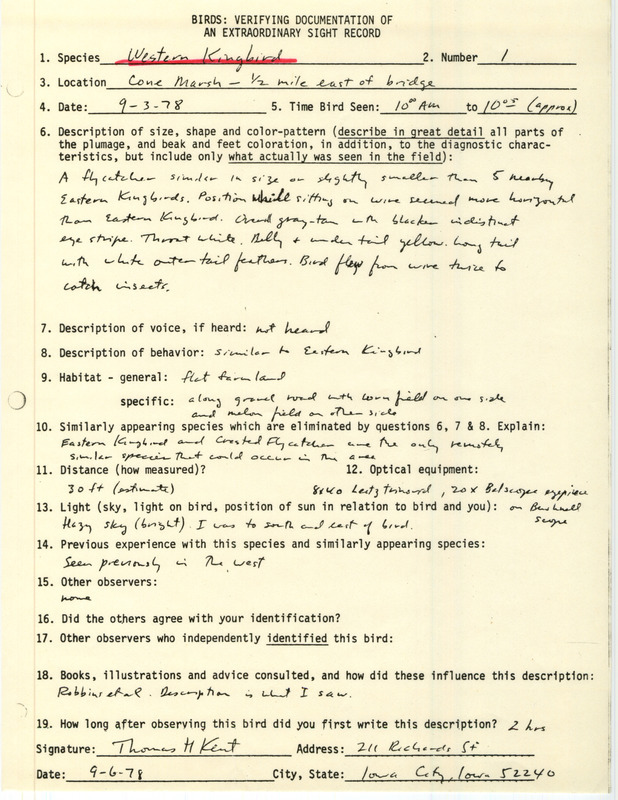 Rare bird documentation form for a Western Kingbird at Cone March in Louisa County, IA on September 3, 1978.