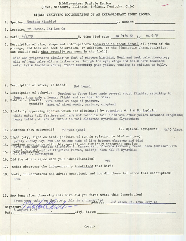 Rare bird documentation form for a Western Kingbird near Croton in Lee County, IA on June 9, 1979.