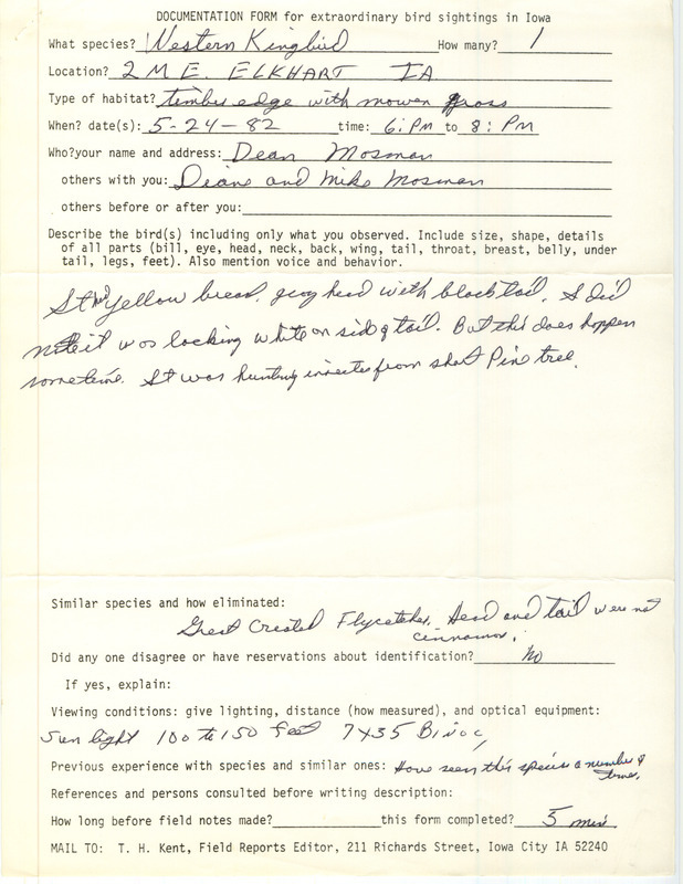 Rare bird documentation form for a Western Kingbird east of Elkhart in Polk County, IA on May 24, 1982.