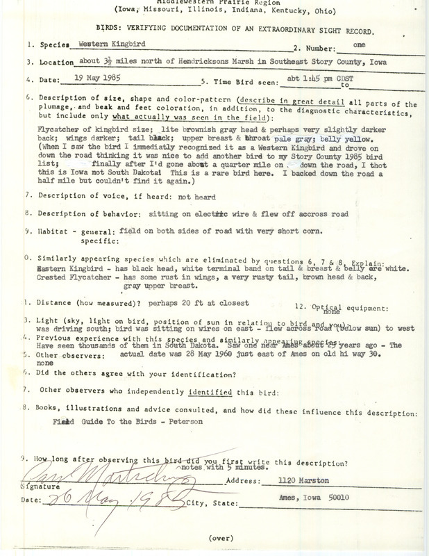 Rare bird documentation form for a Western Kingbird north of Hendrickson March in Story County, IA on May 19, 1985.