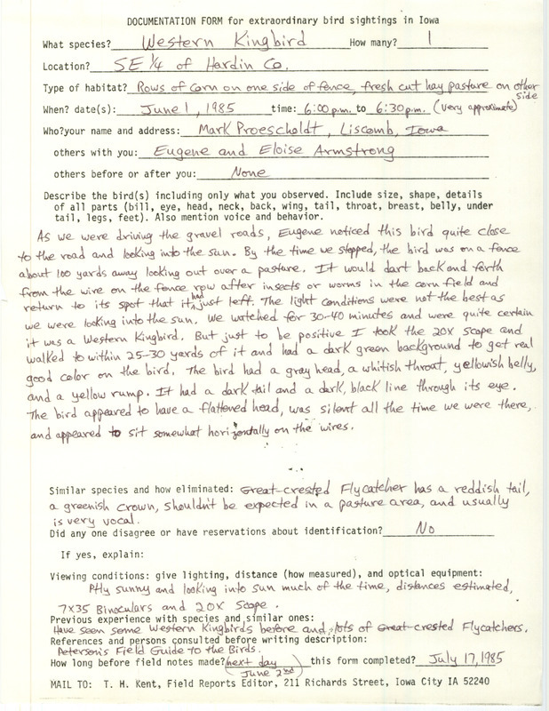 Rare bird documentation form for a Western Kingbird at southeastern Hardin County, IA on June 1, 1985.