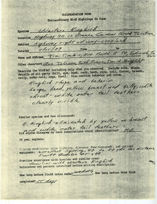 Rare bird documentation form for a Western Kingbird near Grand Junction in Greene County, IA on May 15, 1989.