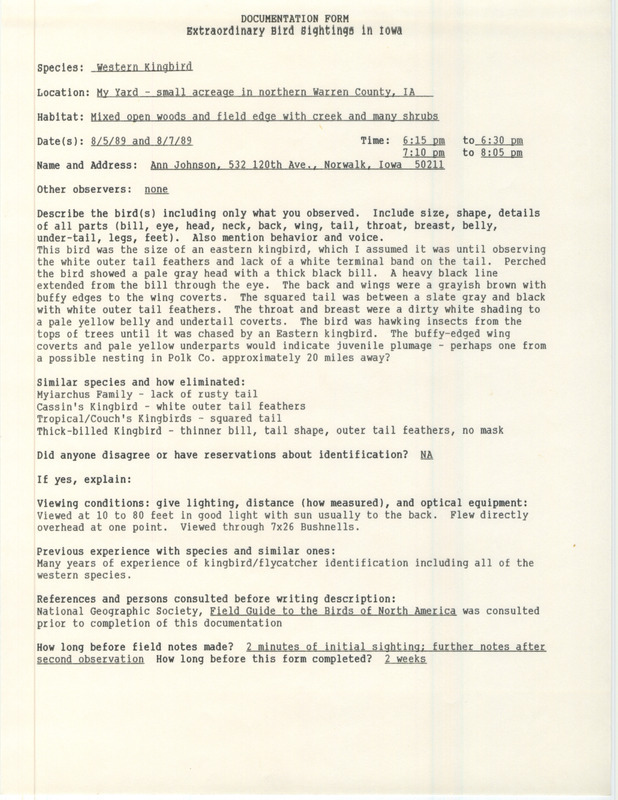 Rare bird documentation form for a Western Kingbird at Norwalk in Warren County, IA on August 5 and 7, 1989.