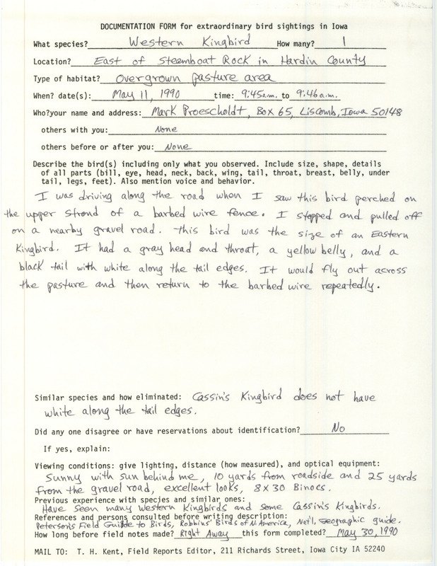 Rare bird documentation form for a Western Kingbird east of Steamboat Rock in Hardin County, IA on May 11, 1990.