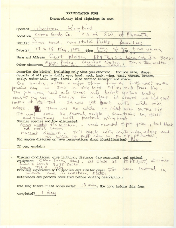 Rare bird documentation form for a Western Kingbird southwest of Plymouth in Cerro Gordo County, IA on May 17 and 18, 1992.