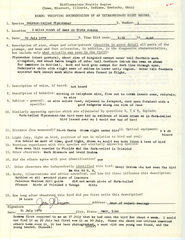 Rare bird documentation form for a Scissor-tailed Flycatcher south of Ames in Story County, IA on July 30, 1979.