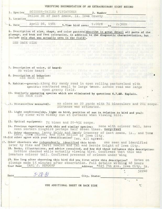 Rare bird documentation form for a Scissor-tailed Flycatcher northeast of East Amana in Iowa County, IA on April 26, 1981.