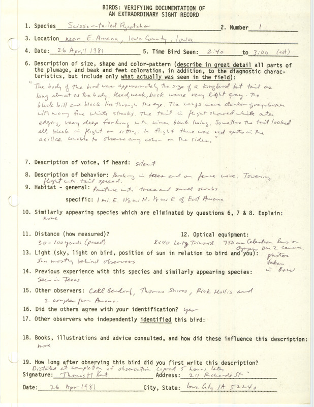 Rare bird documentation form for a Scissor-tailed Flycatcher near East Amana in Iowa County, IA on April 26, 1981.