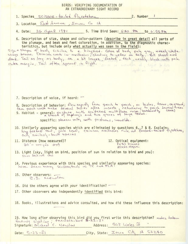 Rare bird documentation form for a Scissor-tailed Flycatcher at East Amana in Iowa County, IA on April 26, 1981.