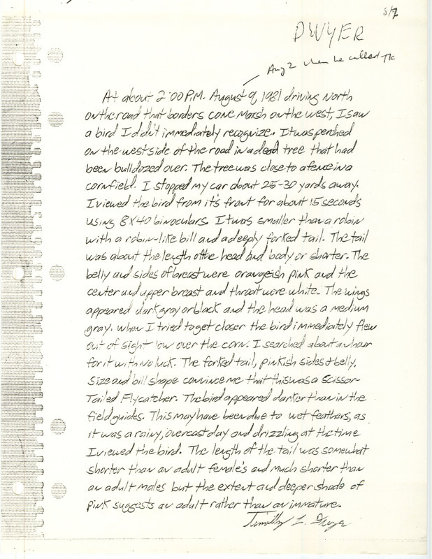 Field notes by Tim Dwyer regarding a Scissor-tailed Flycatcher sighting at Cone March in Louisa County, IA that he reported as occurring on August 2, 1981.