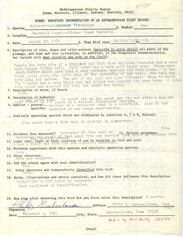 Rare bird documentation form for a Scissor-tailed Flycatcher at Timber Creek Township in Marshall County, IA on August 29, 1981.