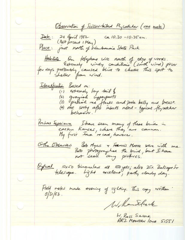 Rare bird documentation form for a Scissor-tailed Flycatcher north of Waubonsie State Park in Fremont County, IA on April 24, 1982.