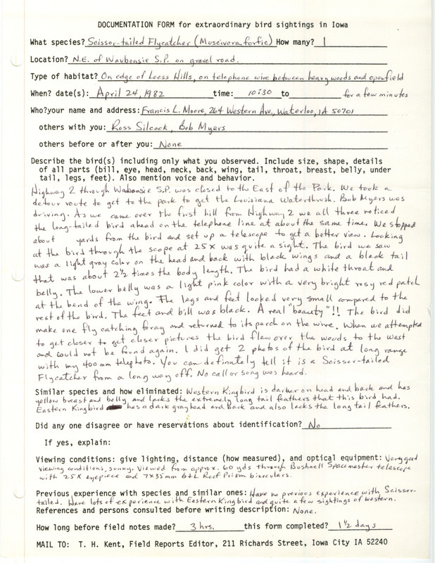 Rare bird documentation form for a Scissor-tailed Flycatcher northeast of Waubonsie State Park in Fremont County, IA on April 24, 1982.