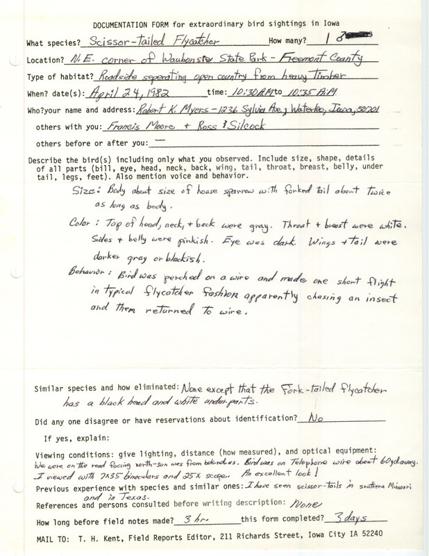 Rare bird documentation form for a Scissor-tailed Flycatcher at Waubonsie State Park in Fremont County, IA on April 24, 1982.