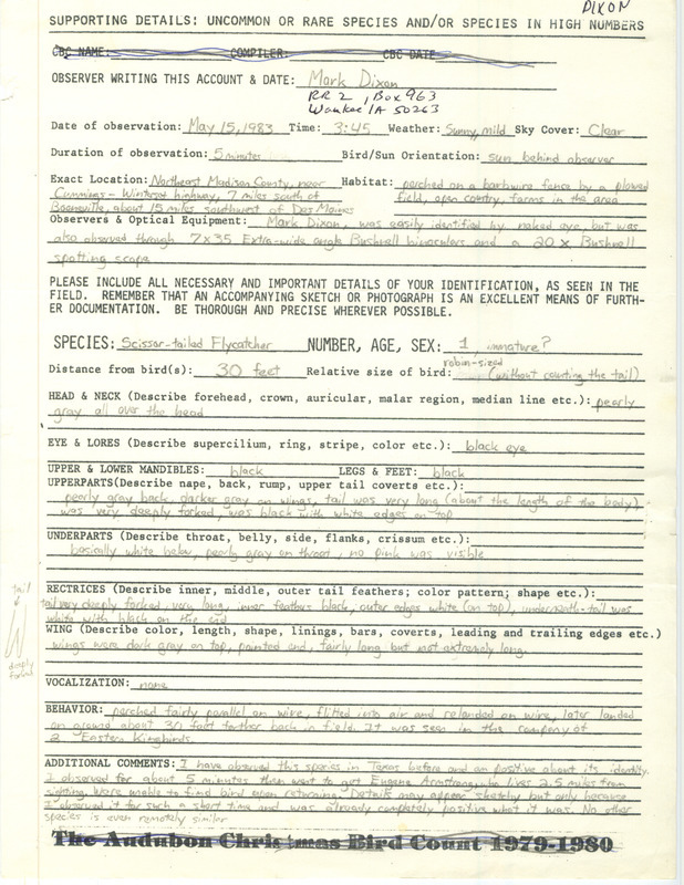 Rare bird documentation form with an illustration for a Scissor-tailed Flycatcher in northeast Madison County near Cumming, IA on May 15, 1983.